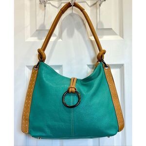 BRAND UNKNOWN - Pebbled Leather Shoulder Bag in Turquoise w/Light Brown Trim